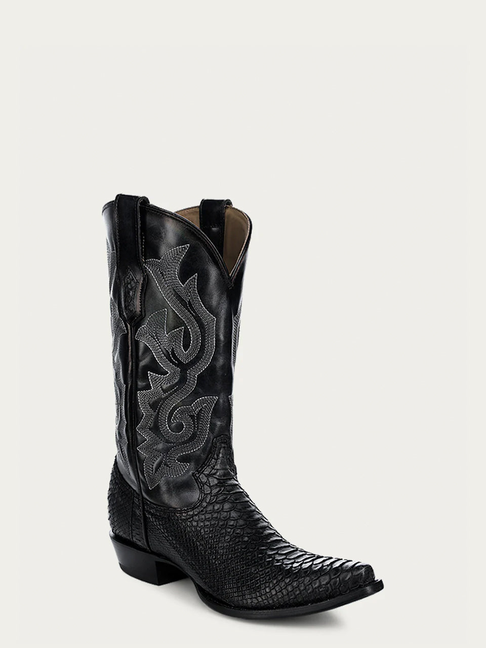 MENS BLACK PYTHON EMBROIDERY SNIP TOE COWBOY BOOT-A4643