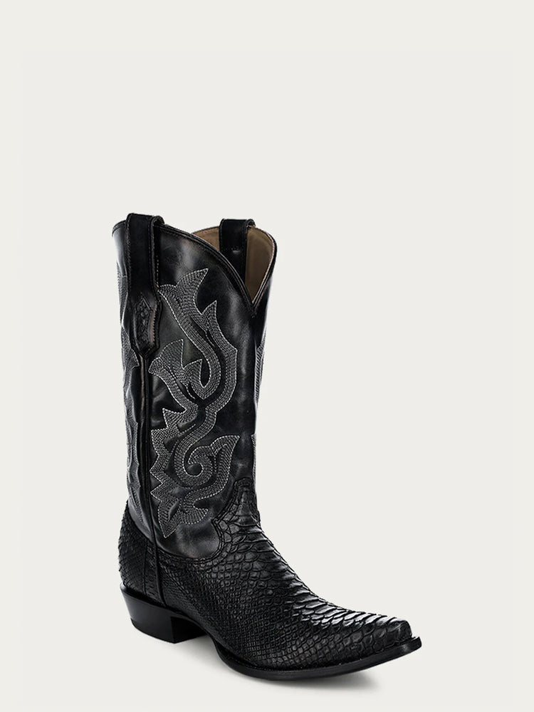 A4643 MEN'S BLACK PYTHON EMBROIDERY SNIP TOE COWBOY BOOT