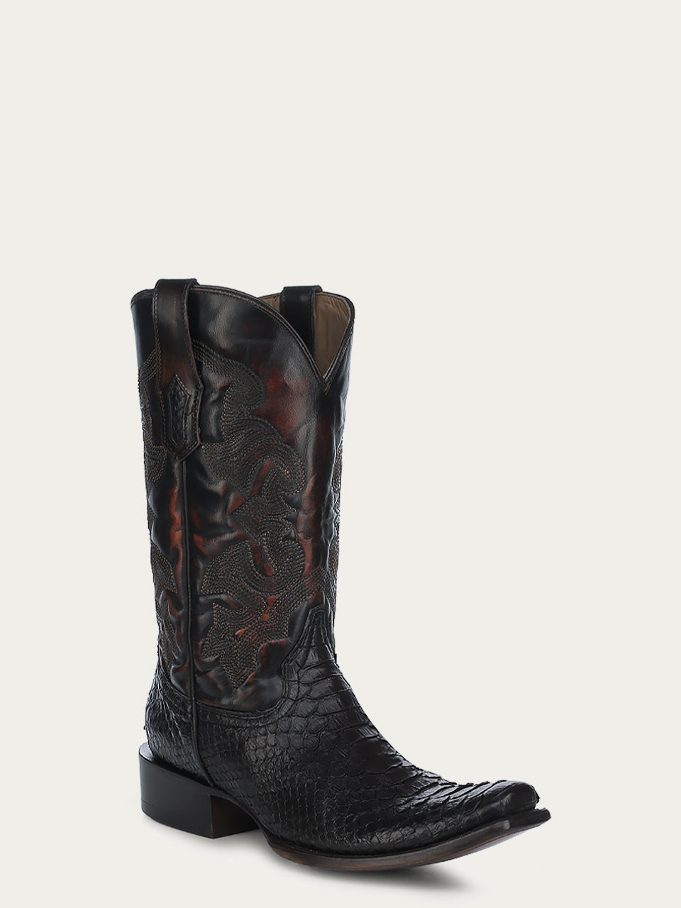 MENS_EMBROIDERY_HONEY_COWHIDE_SHAFT_BLACK_PYTHON_NARROW_SQUARE_TOE_COWBOY_BOOT-A4647