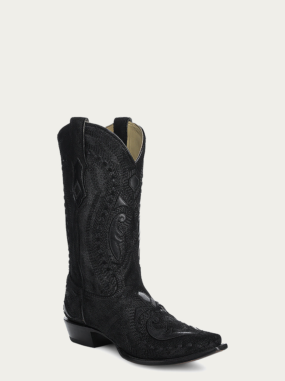 A4663 - MEN'S EMBROIDERY WITH WOVEN DETAIL AND OVERLAY FULL BLACK SNIP TOE COWBOY BOOT