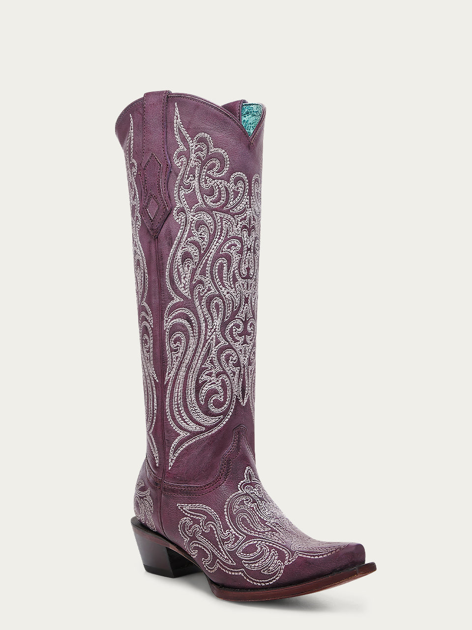  WOMENS BLUE AND YELLOW EMBROIDERY LUMINESCENT DARK PINK TALL TOP SNIP TOE COWBOY BOOT-A4698