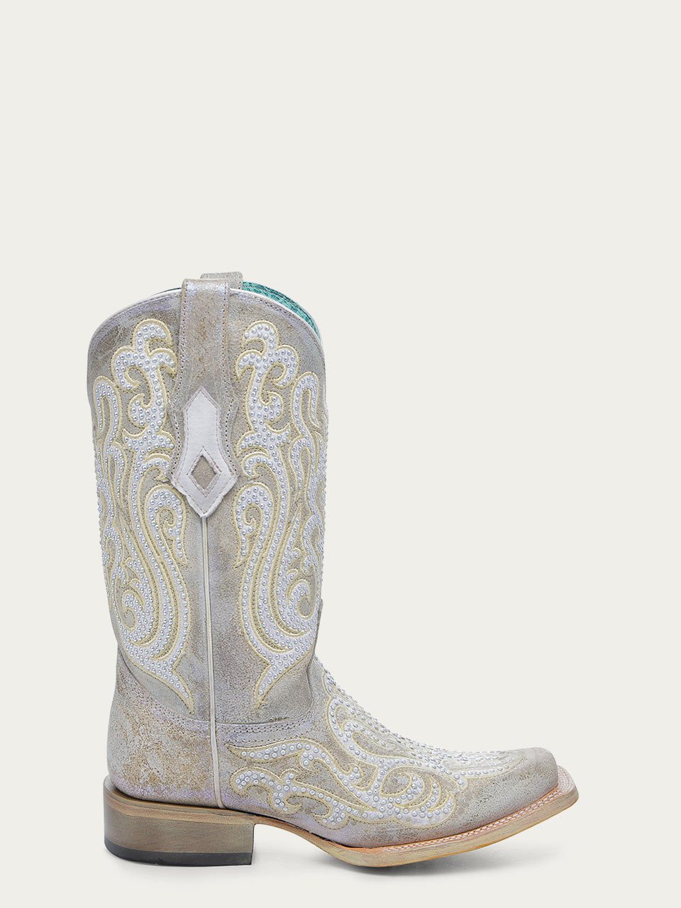 A4705 - WOMEN'S WHITE EMBROIDERY AND CRYSTALS SQUARE TOE COWBOY BOOT