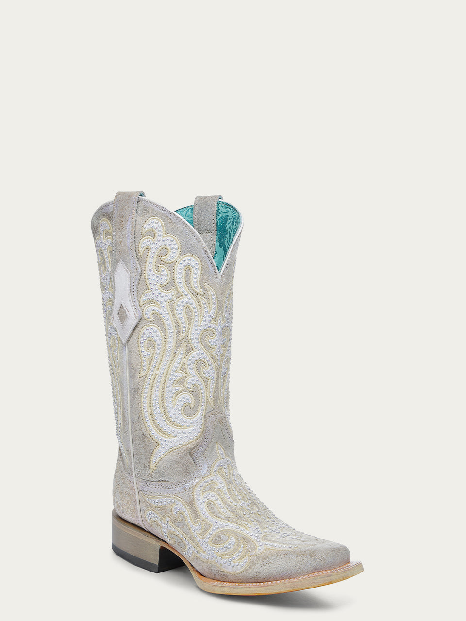 A4705 - WOMEN'S WHITE EMBROIDERY AND CRYSTALS SQUARE TOE COWBOY BOOT