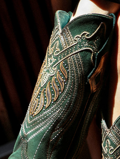 A4714 - WOMEN'S OVERLAY EMBROIDERY AND STUDS GREEN SNIP TOE COWBOY