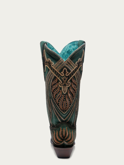 A4714 - WOMEN'S OVERLAY EMBROIDERY AND STUDS GREEN SNIP TOE COWBOY