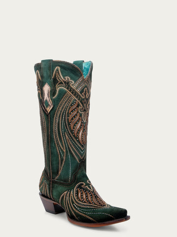 A4714 WOMEN'S OVERLAY EMBROIDERY AND STUDS GREEN SNIP TOE COWBOY