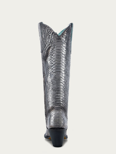 A4716 - WOMEN'S GENUINE FULL PYTHON BLACK AND SILVER TALL TOP SNIP