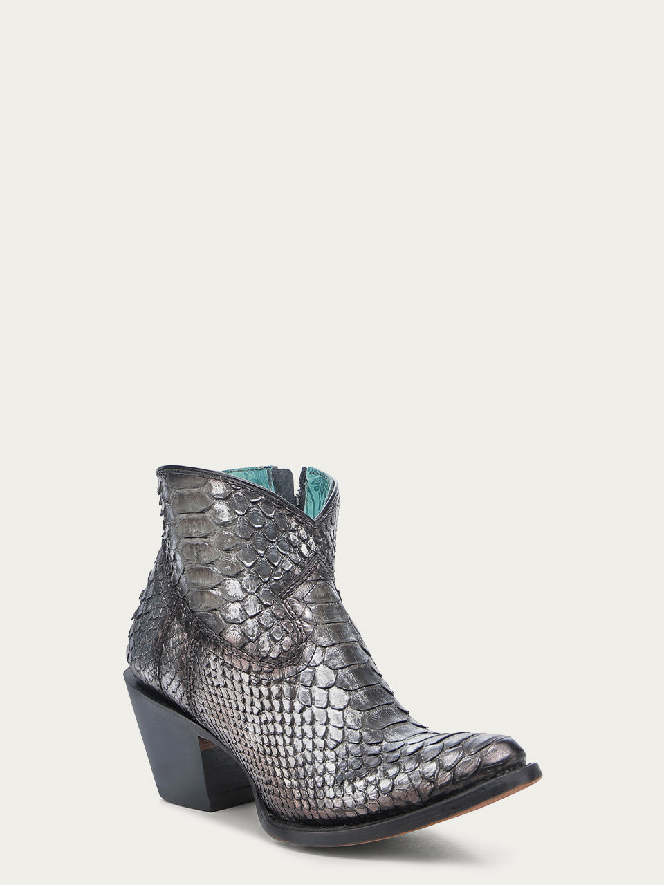 A4721 - WOMEN'S GENUINE BLACK SILVER FULL PYTHON J TOE BOOTIE WITH ZIPPER