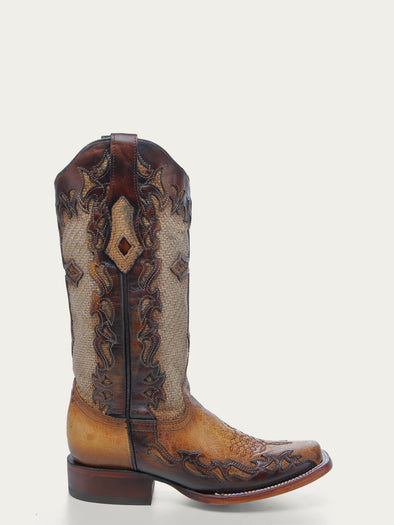 A4744 - WOMEN'S CROSS OVERLAY SAND JUTE WIDE SQUARE TOE COWBOY