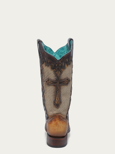 A4744 - WOMEN'S CROSS OVERLAY SAND JUTE WIDE SQUARE TOE COWBOY