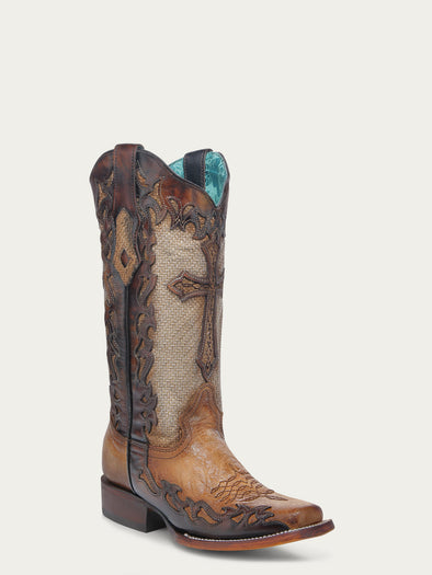A4744 - WOMEN'S CROSS OVERLAY SAND JUTE WIDE SQUARE TOE COWBOY