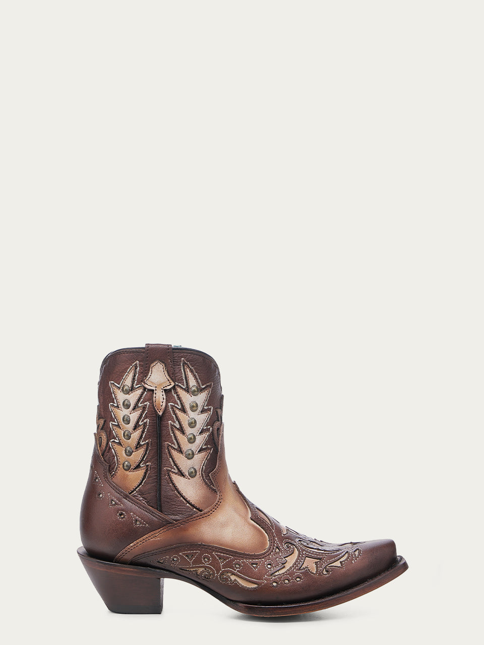 A4750 - WOMEN'S EMBROIDERY OVERLAY AND STUDS WING TIP BROW SNIP TOE ANKLE COWBOY BOOT