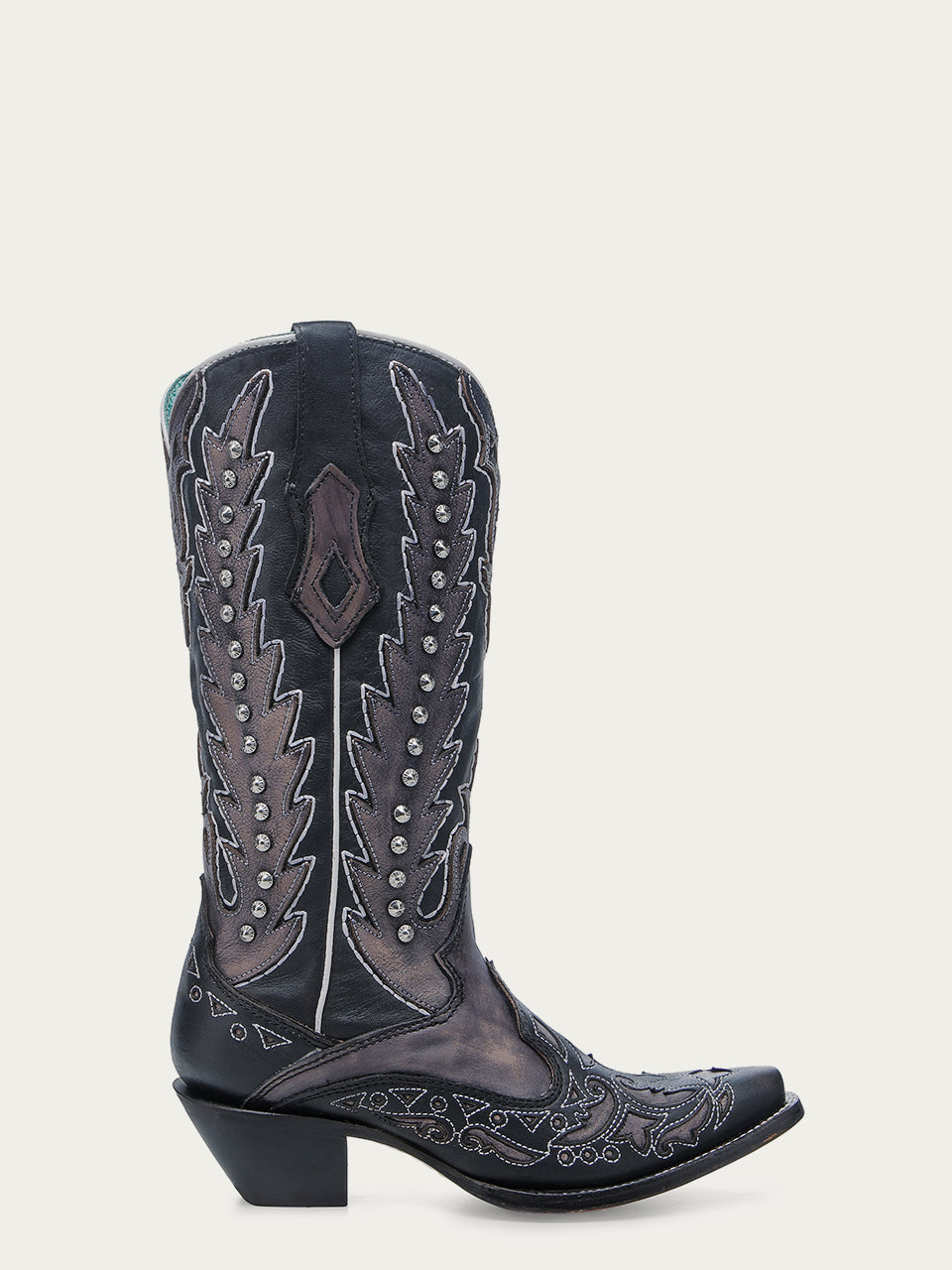 A4762 - WOMEN'S EMBROIDERY OVERLAY AND STUDS WING TIP BLACK SNIP TOE COWBOY BOOT