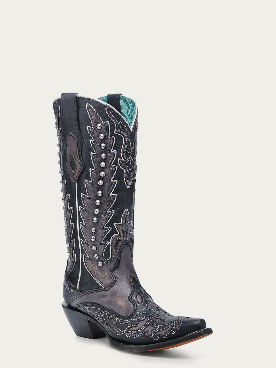 A4762 - WOMEN'S EMBROIDERY OVERLAY AND STUDS WING TIP BLACK SNIP TOE COWBOY BOOT