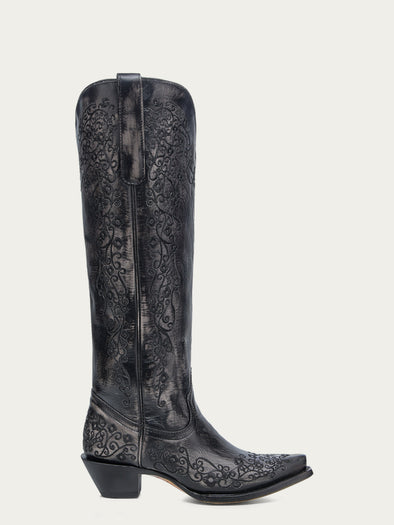A4788 - WOMEN'S FLORAL EMBROIDERY BLACK SNIP TOE TALL TOP COWBOY