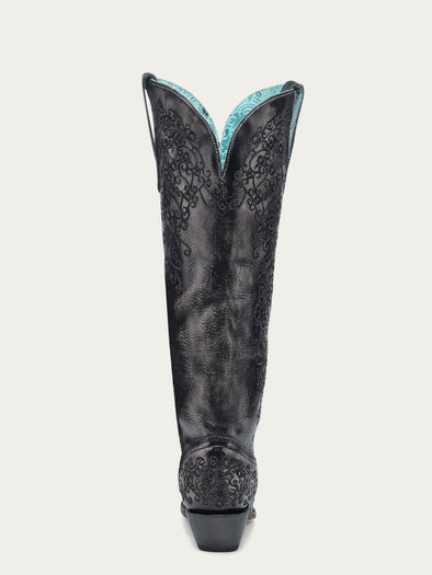 A4788 - WOMEN'S FLORAL EMBROIDERY BLACK SNIP TOE TALL TOP COWBOY