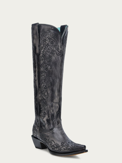 A4788 - WOMEN'S FLORAL EMBROIDERY BLACK SNIP TOE TALL TOP COWBOY