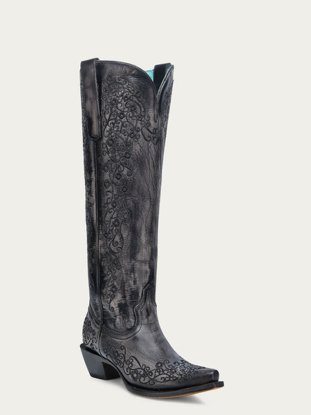 A4788 - WOMEN'S FLORAL EMBROIDERY BLACK SNIP TOE TALL TOP COWBOY