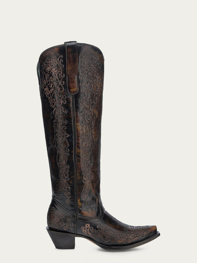 A4789 - WOMEN'S FLORAL EMBROIDERY BLACK AND HONEY SNIP TOE TALL