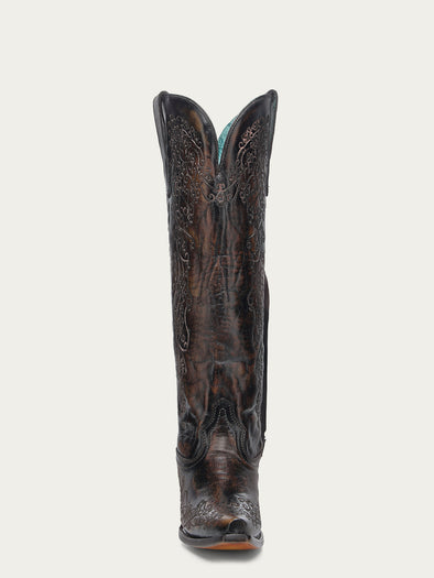 A4789 - WOMEN'S FLORAL EMBROIDERY BLACK AND HONEY SNIP TOE TALL