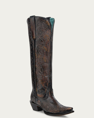 WOMENS FLORAL EMBROIDERY BLACK AND HONEY SNIP TOE TALL TOP COWBOY BOOT-A4789