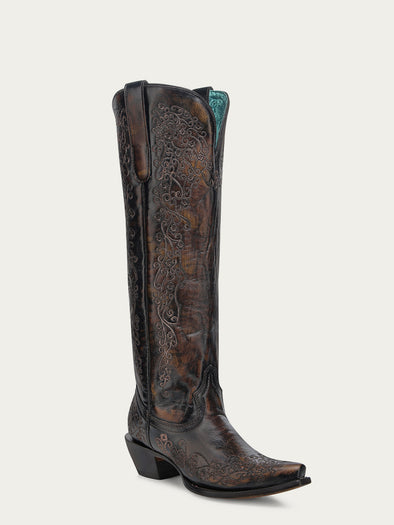 A4789 - WOMEN'S FLORAL EMBROIDERY BLACK AND HONEY SNIP TOE TALL