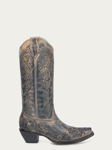 A4802 - WOMEN'S TAUPE FLORAL EMBROIDERY SNIP TOE COWBOY BOOT