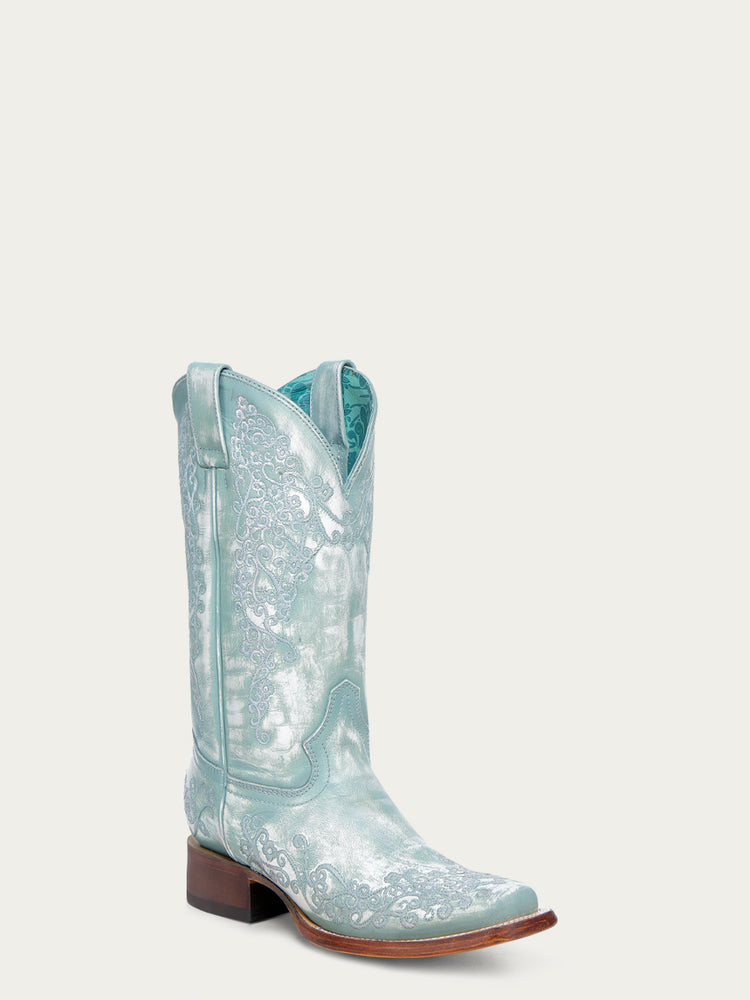 A4804 WOMEN'S FLORAL EMBROIDERY FADED TURQUOISE SQUARE TOE