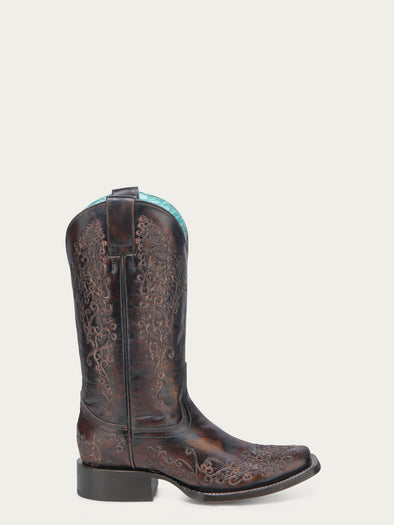 A4806 - WOMEN'S DARK HONEY FLORAL EMBROIDERY SQUARE TOE COWBOY