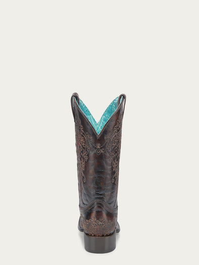 A4806 - WOMEN'S DARK HONEY FLORAL EMBROIDERY SQUARE TOE COWBOY