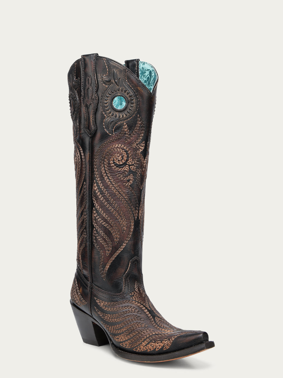 WOMENS_EMBROIDERY_AND_OVERLAY_WITH_RUBBER_APPLICATIONS_BAND_BLACKED_HONEY_SNIP_TOE_TALL_TOP_COWBOY_BOOT_WITH_PULL_HOLES-A4814