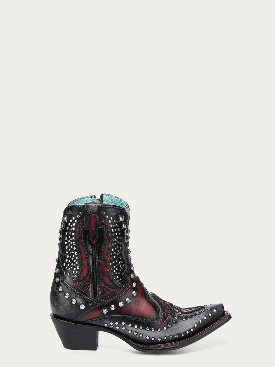 WOMENS_STUDED_OVERLAY_AND_EMBROIDERY_BLACK_AND_RED_ANKLE_SNIP_TOE_COWBOY_BOOT_WITH_RUBBER_SOLE-A4831-A