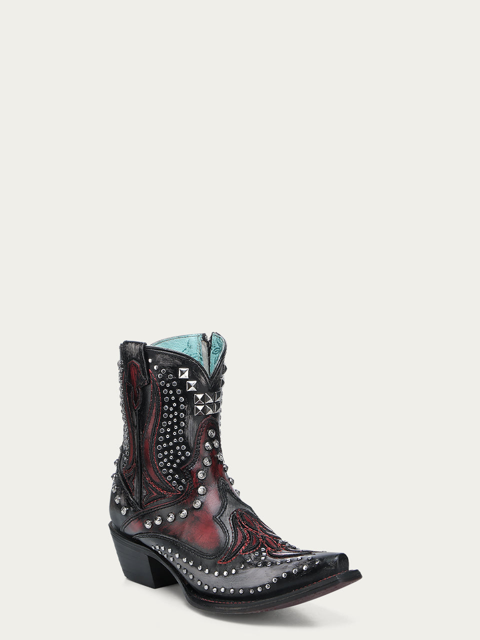 WOMENS_STUDED_OVERLAY_AND_EMBROIDERY_BLACK_AND_RED_ANKLE_SNIP_TOE_COWBOY_BOOT_WITH_RUBBER_SOLE-A4831