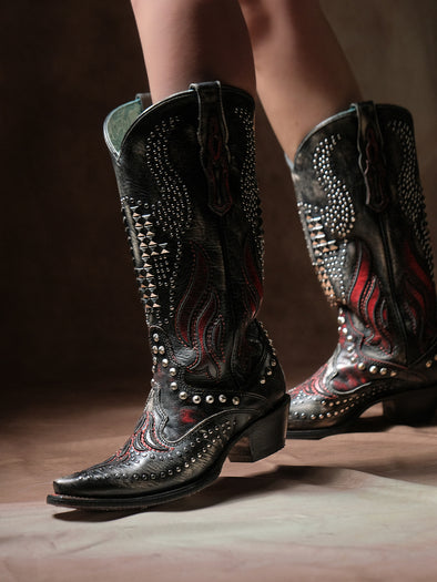 A4833 - WOMEN'S BONE OVERLAY EMBROIDERY AND STUDS BLACK SNIP TOE