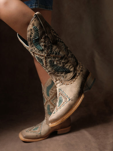 A4840 - WOMEN'S WOVEN EMBROIDERY AND STUDS WIDE SQUARE TOE SAND