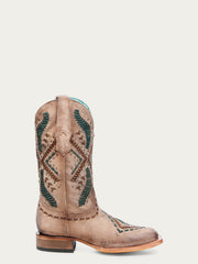 A4840 - WOMEN'S WOVEN EMBROIDERY AND STUDS WIDE SQUARE TOE SAND