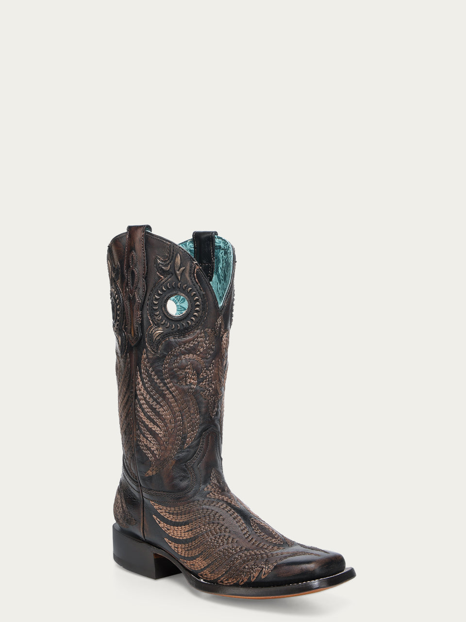 WOMENS_EMBROIDERY_AND_OVERLAY_WITH_RUBBER_APPLICATIONS_BAND_BLACKED_HONEY_WIDE_SQUARE_TOE_COWBOY_BOOT_WITH_PULL_HOLES-A4841