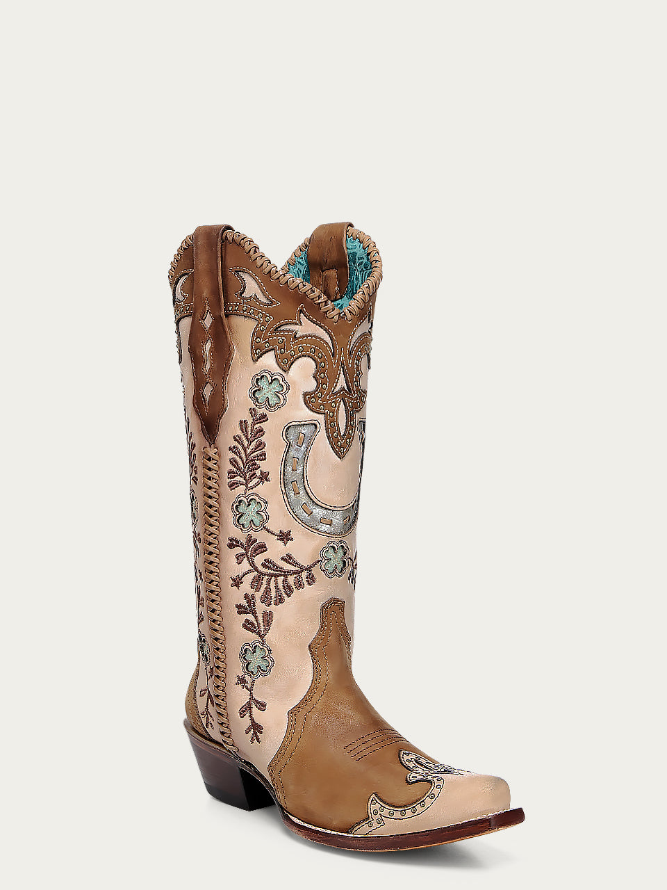 WOMENS HONEY HORSESHOE OVERLAY EMBROIDERY STUDS HANDWOVEN SNIP TOE COWBOY BOOT-A4863