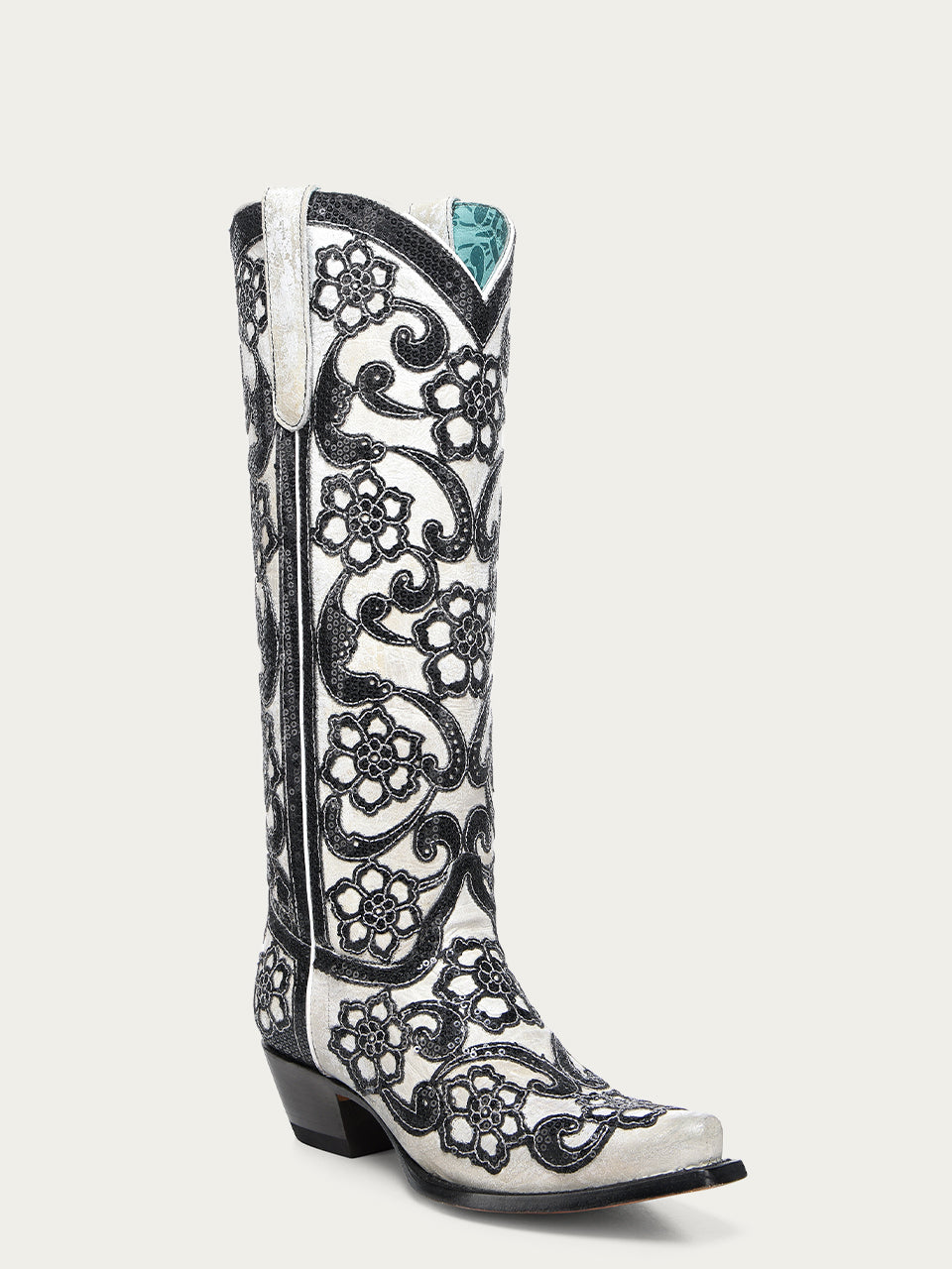 WOMENS_BLACK_FLORAL_OVERLAY_EMBROIDERY_AND_SEQUINS_SNIP_TOE_TALL_TOP_WHITE_COWBOY_BOOT-A4866