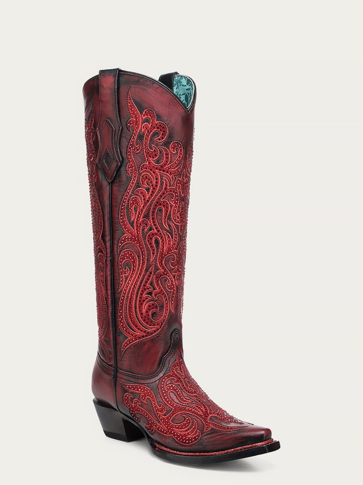 A4869 WOMEN'S EMBROIDERY AND CRYSTALS RED AND BLACK TALL TOP SNIP TOE COWBOY BOOT