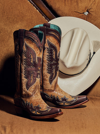 A4889 - WOMEN'S CHOCOLATE EAGLE OVERLAY SAND SNIP-TOE COWBOY BOOT