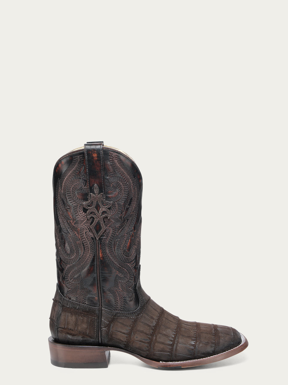 A4935 - MEN'S CHOCOLATE ALLIGATOR EMBROIDERY AND WOVEN SHAFT WIDE SQUARE TOE LEATHER SOLE WITH RUBBER INSERT COWBOY BOOT