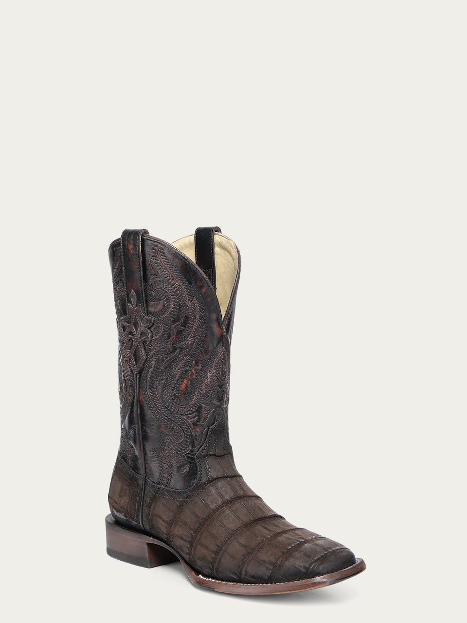 A4935 - MEN'S CHOCOLATE ALLIGATOR EMBROIDERY AND WOVEN SHAFT WIDE SQUARE TOE LEATHER SOLE WITH RUBBER INSERT COWBOY BOOT