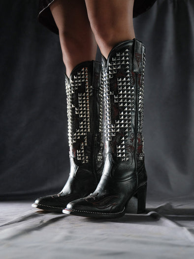 A4945 - WOMEN'S BONE OVERLAY EMBROIDERY AND STUDS BLACK NARROW