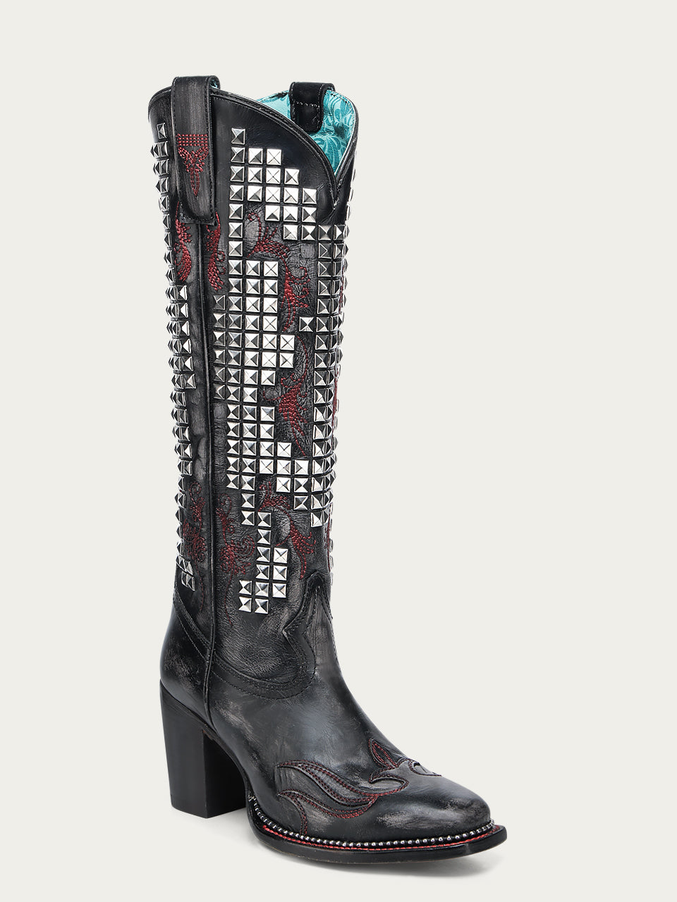 WOMENS_BONE_OVERLAY_EMBROIDERY_AND_STUDS_BLACK_NARROW_SQUARE_TOE_TALL_TOP_COWBOY_BOOT-A4945