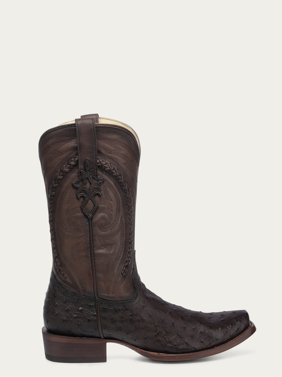 A4971 - MEN'S EMBROIDERY AND HANDWOVEN TOBACCO OSTRICH NARROW SQUARE TOE COWBOY BOOT