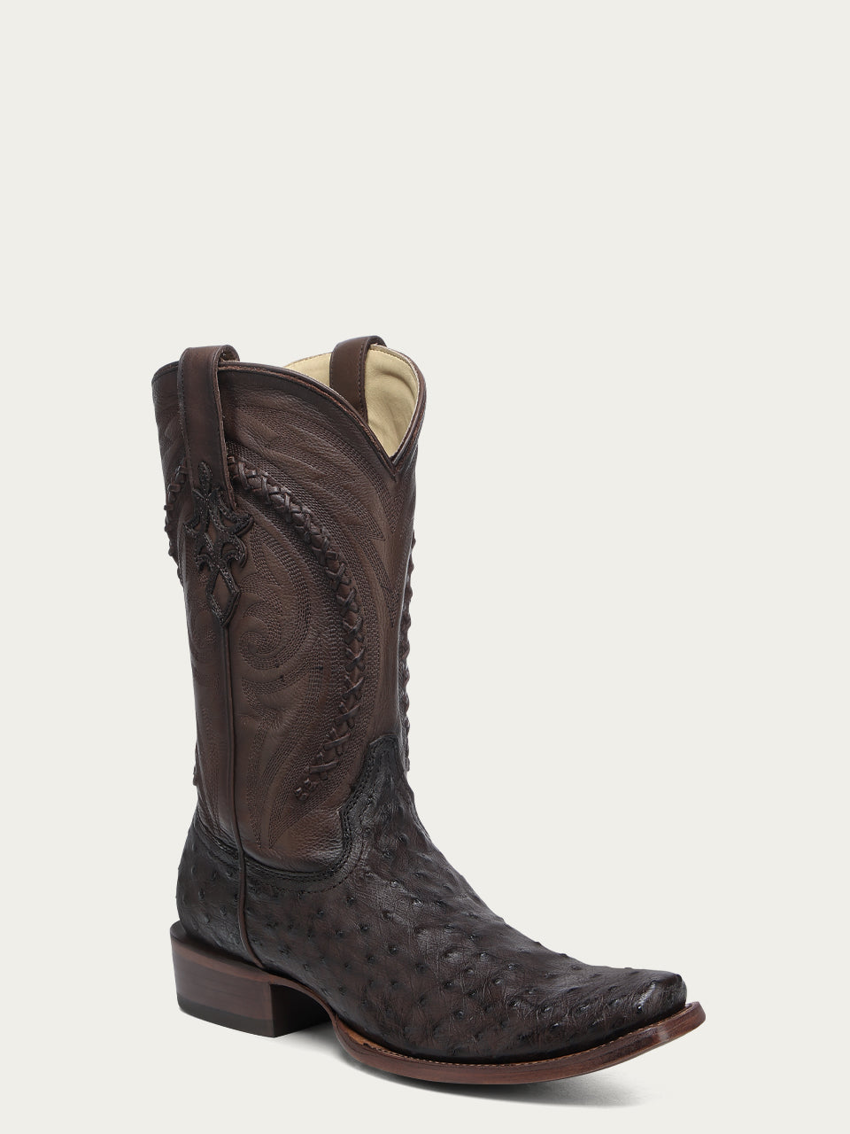 A4971 - MEN'S EMBROIDERY AND HANDWOVEN TOBACCO OSTRICH NARROW SQUARE TOE COWBOY BOOT