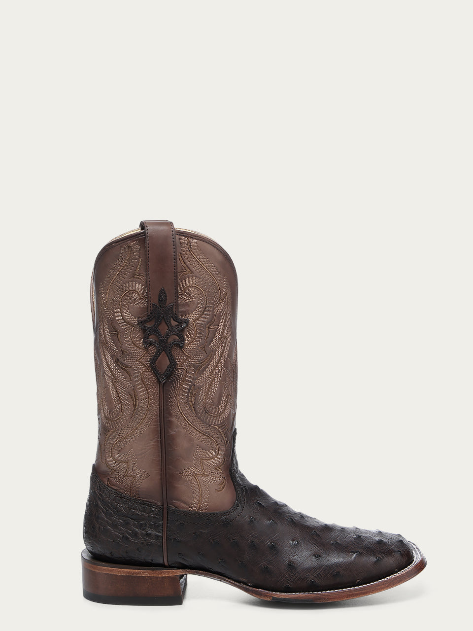 A4973 - MEN'S EMBROIDERY AND OSTRICH BLACK WIDE SQUARE TOE COWBOY BOOT LEATHER SOLE WITH RUBBER INSERT