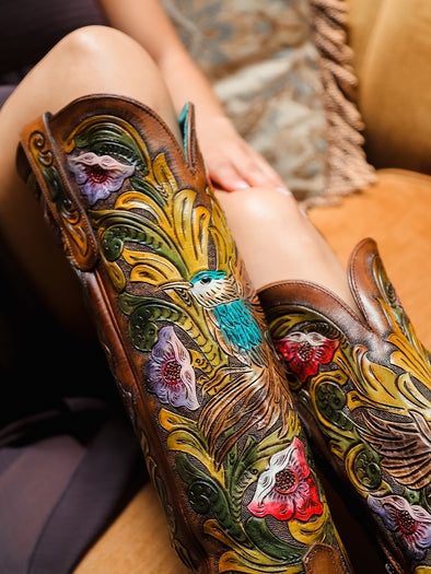 A4980 - WOMEN'S HAND PAINTED AND TOOLED HUMMINGBIRD BROWN TALL TOP