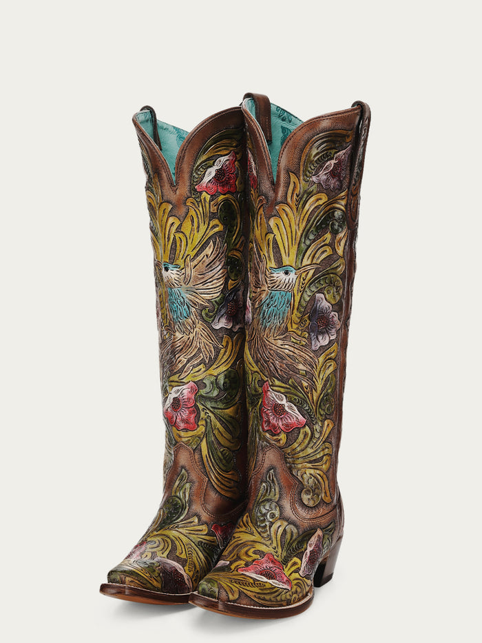 WOMENS_HAND_PAINTED_AND_TOOLED_HUMMINGBIRD_BROWN_TALL_TOP_SNIP_TOE_COWBOY_BOOT-A4980-4